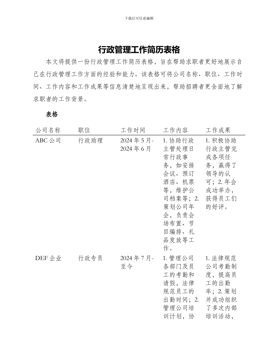 行政管理工作简历表格_第1页