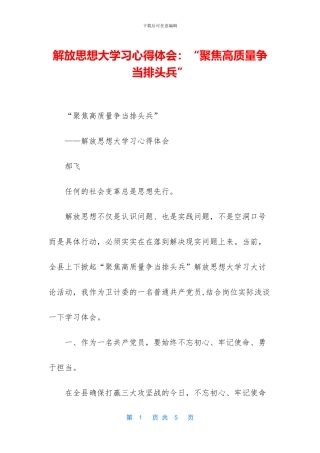 解放思想大学习心得体会：“聚焦高质量争当排头兵”