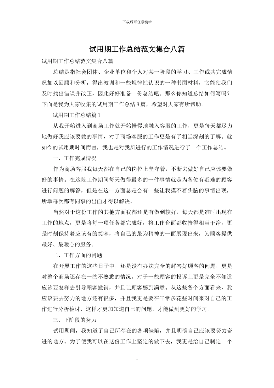 试用期工作总结范文集合八篇_第1页