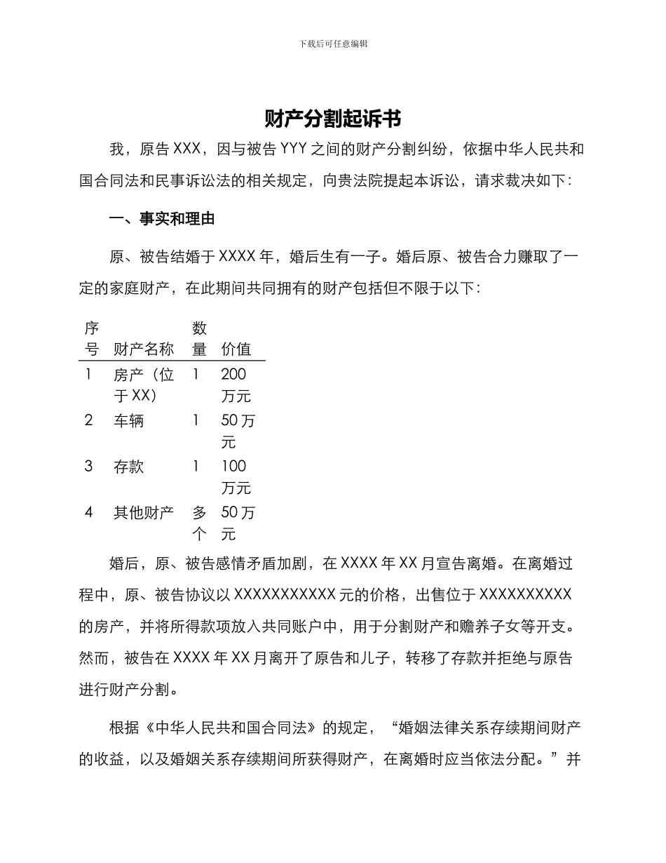 财产分割起诉书_第1页