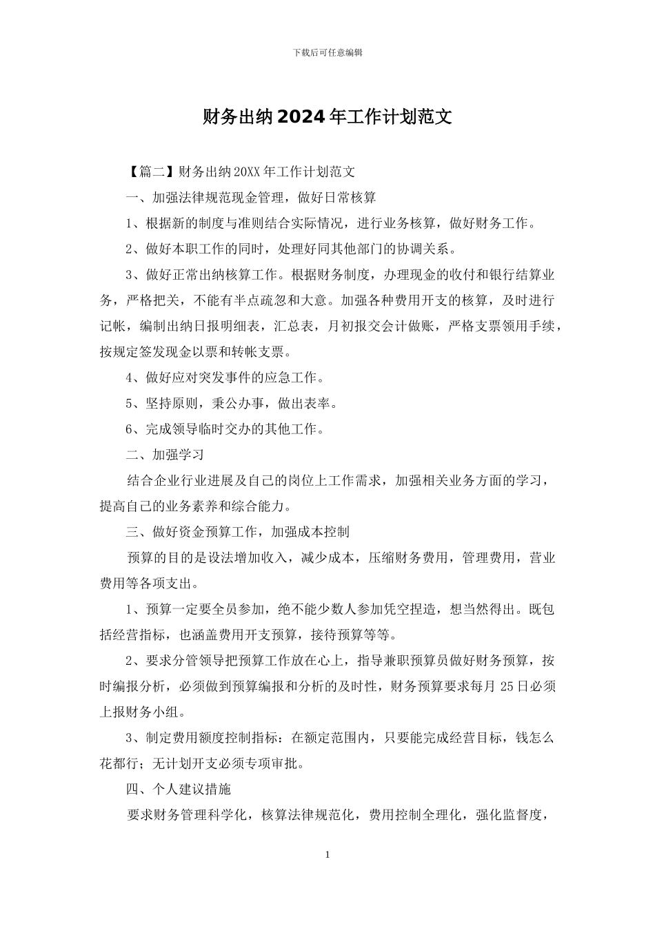 财务出纳2024年工作计划范文_第1页