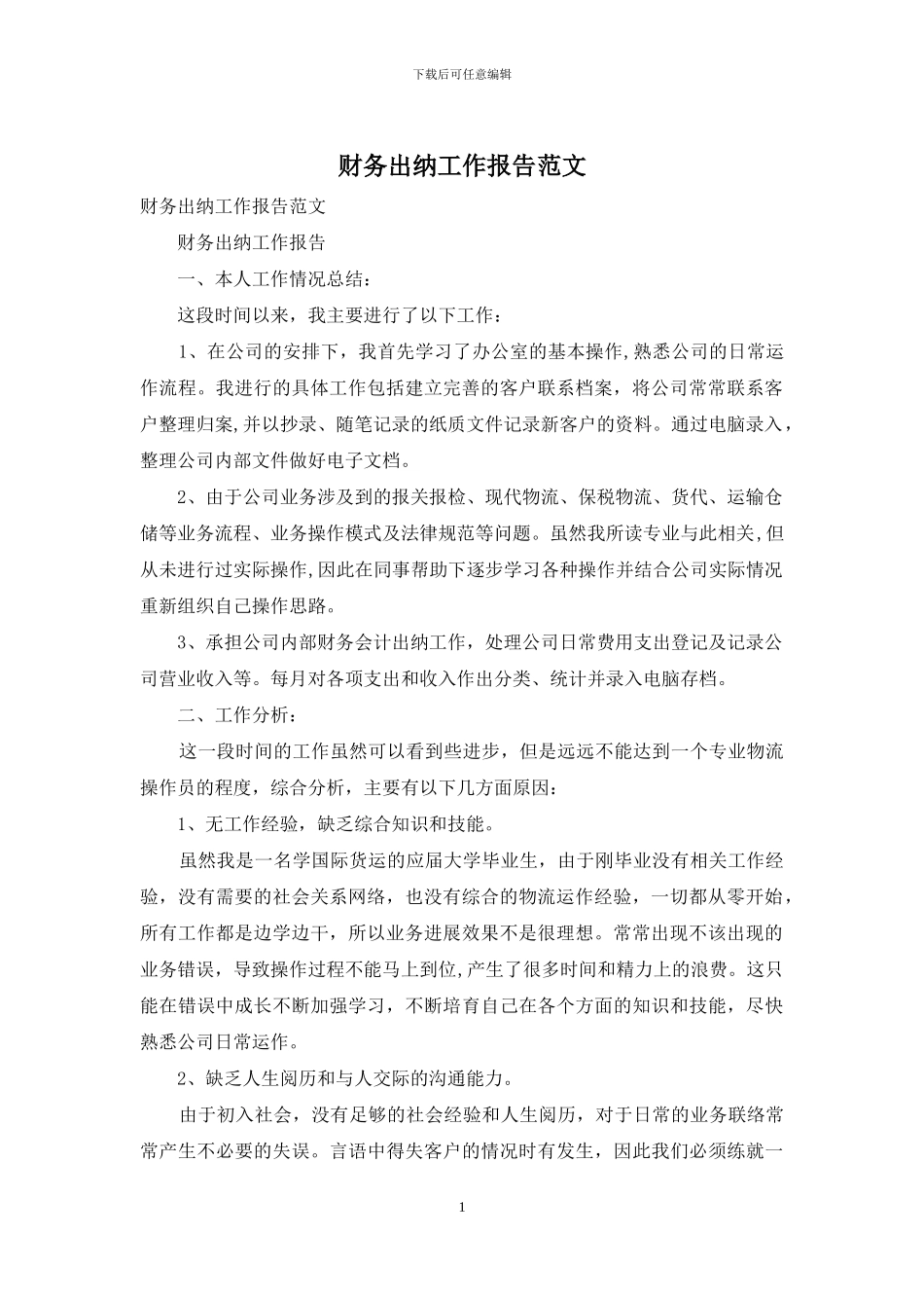 财务出纳工作报告范文_第1页