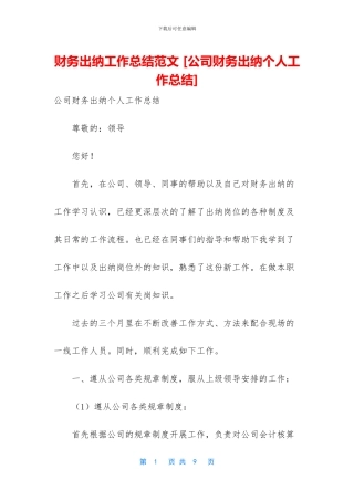 财务出纳工作总结范文
