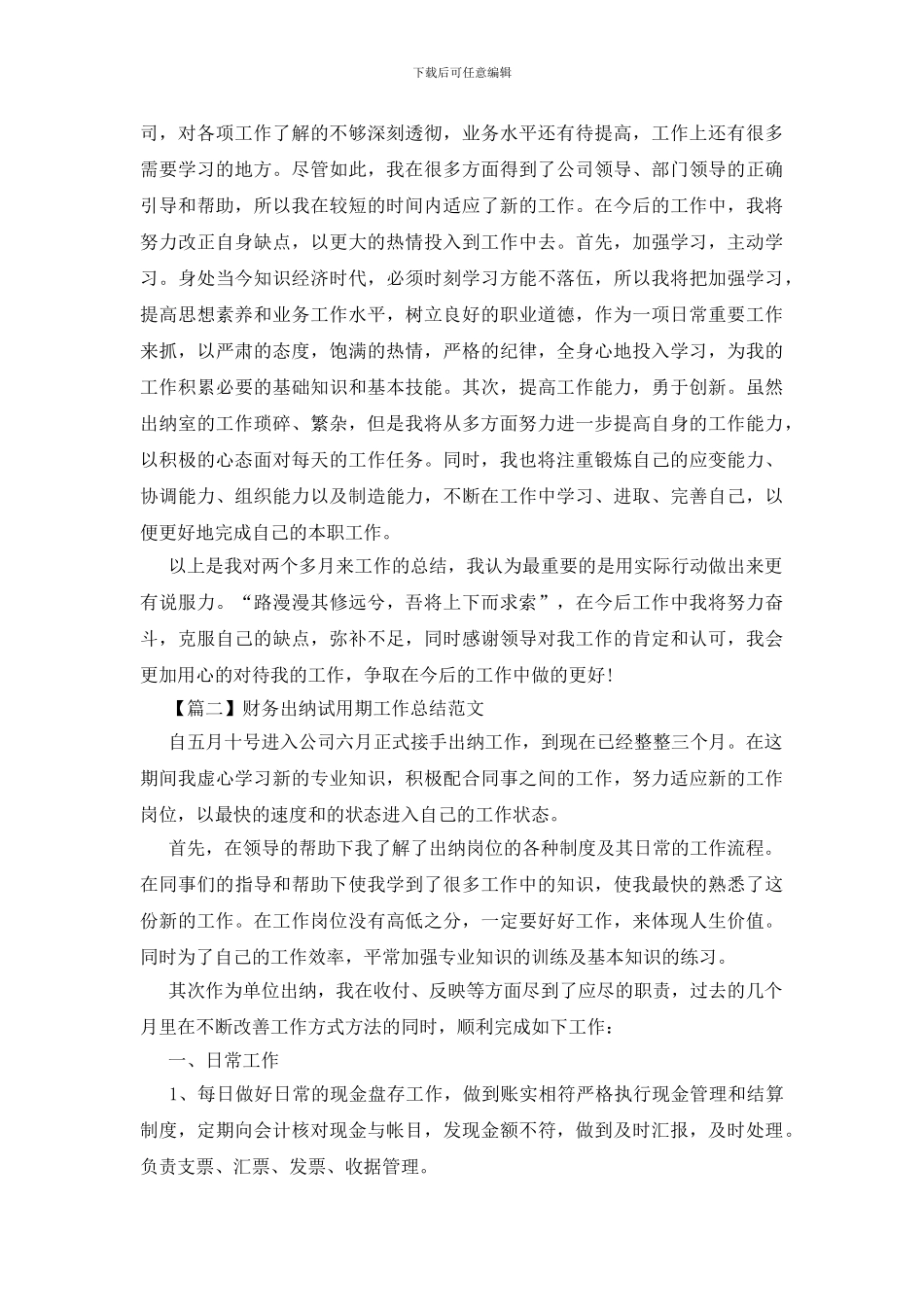 财务出纳试用期工作总结范文四篇_第2页