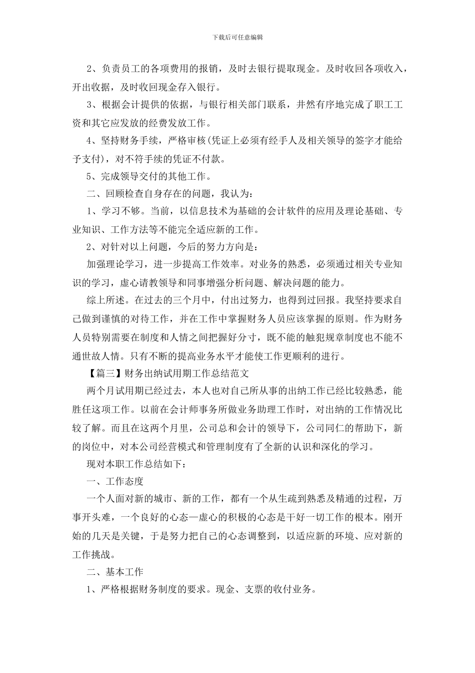 财务出纳试用期工作总结范文四篇_第3页