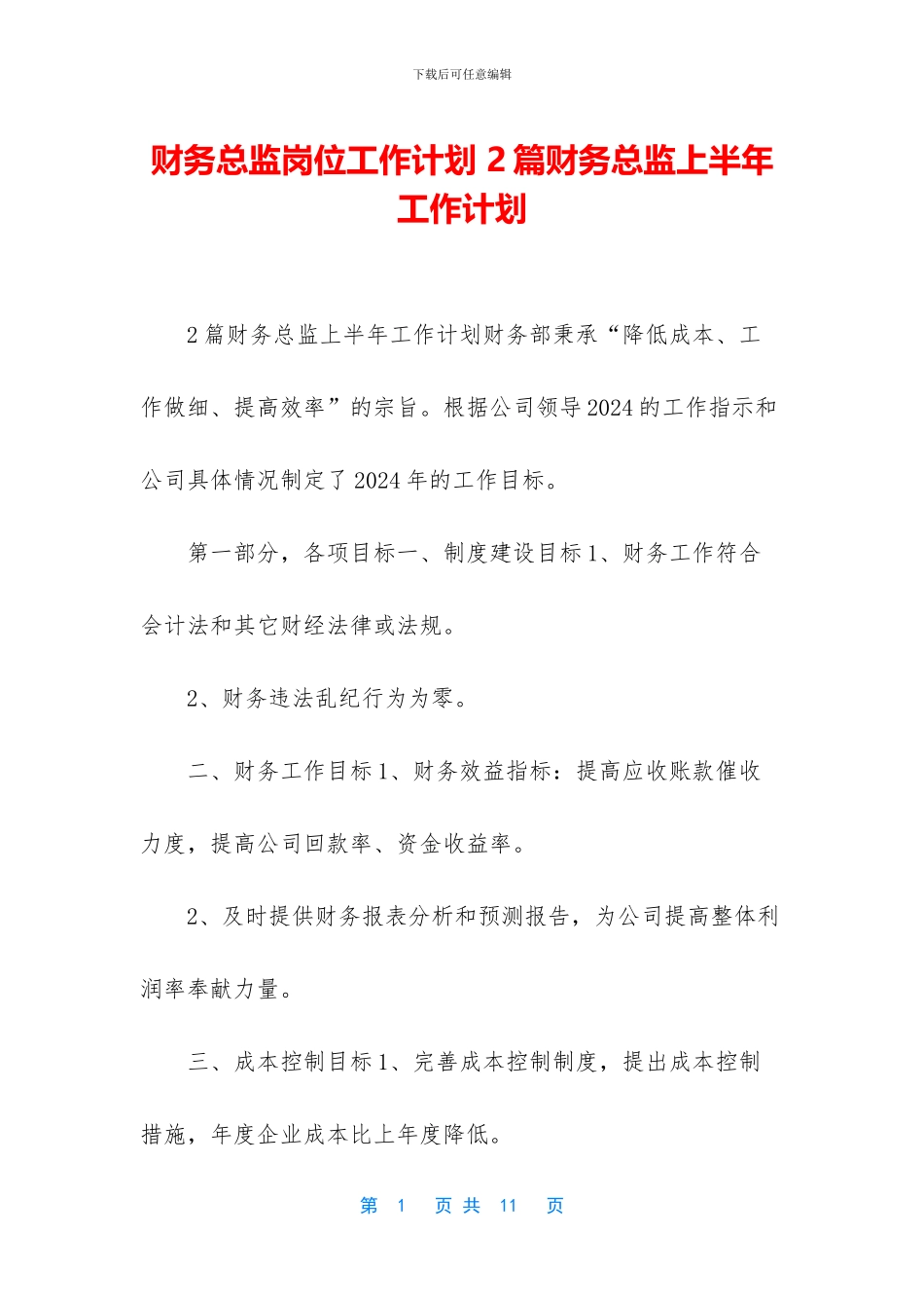 财务总监岗位工作计划_第1页