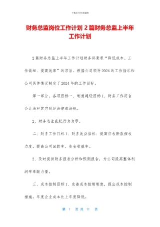 财务总监岗位工作计划