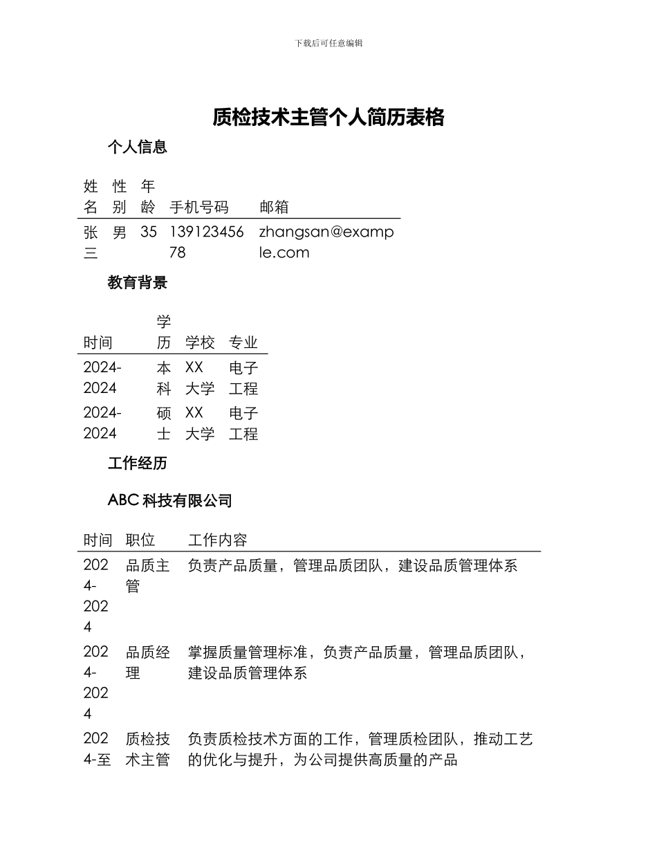 质检技术主管个人简历表格_第1页