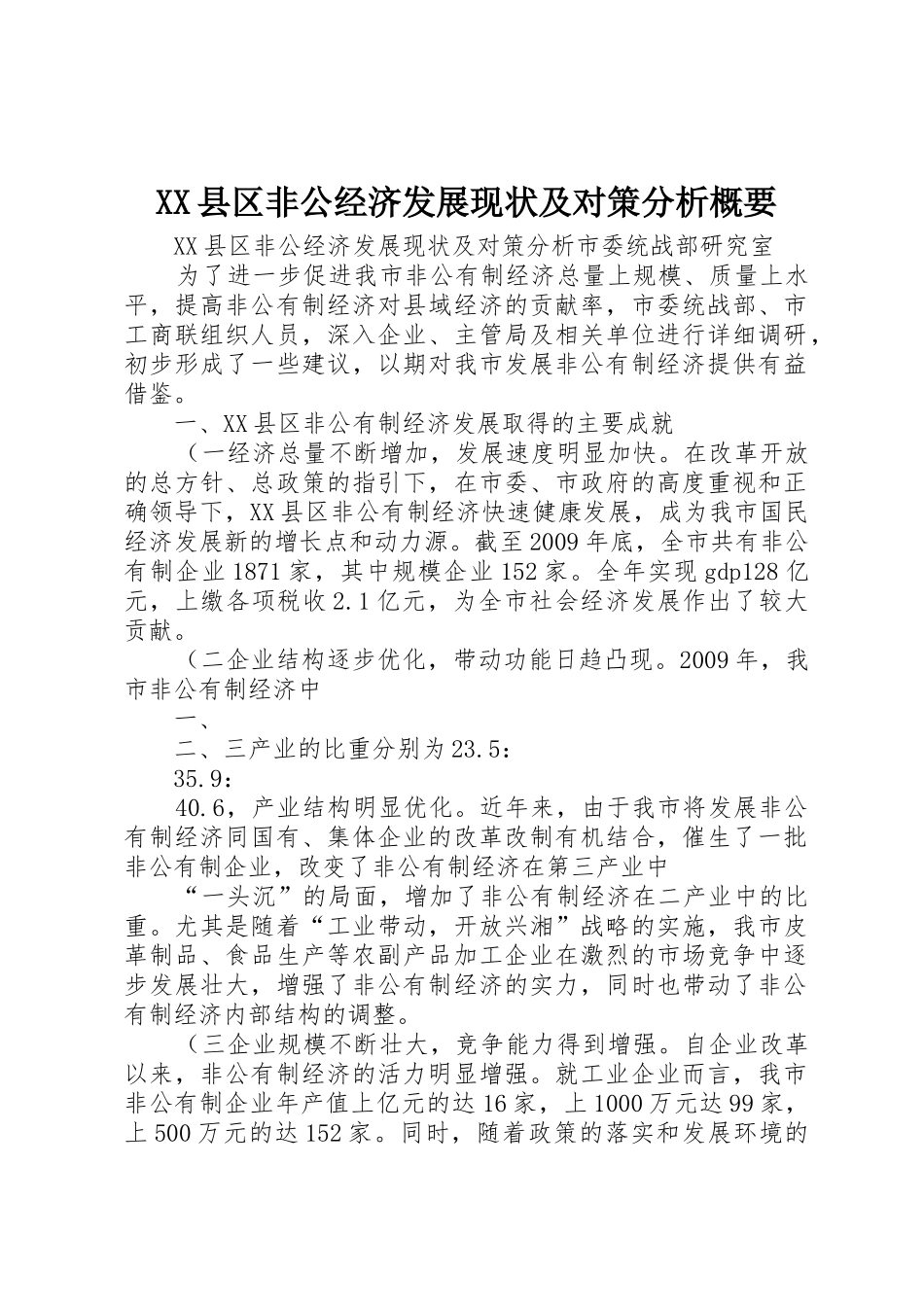 XX县区非公经济发展现状及对策分析概要_第1页