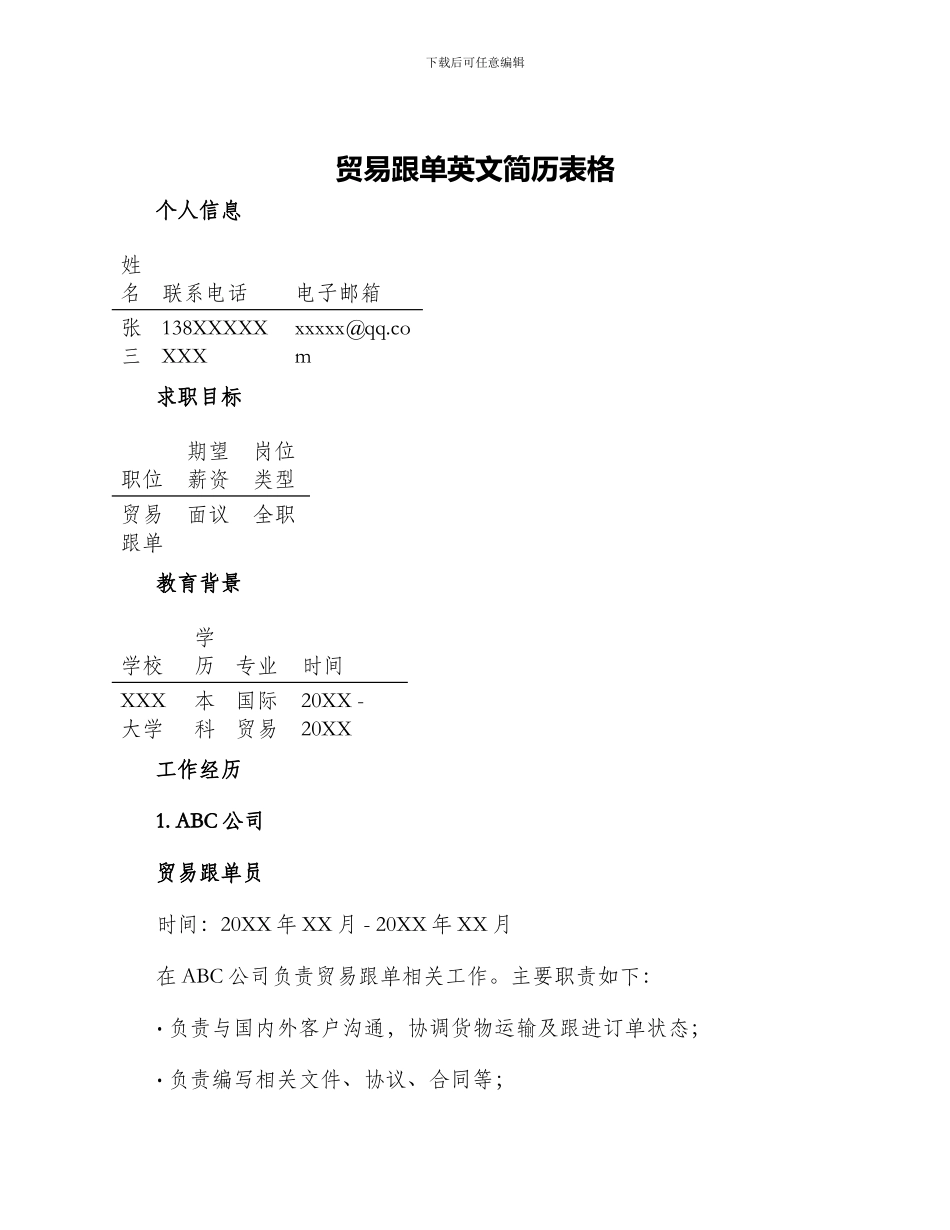 贸易跟单英文简历表格_第1页