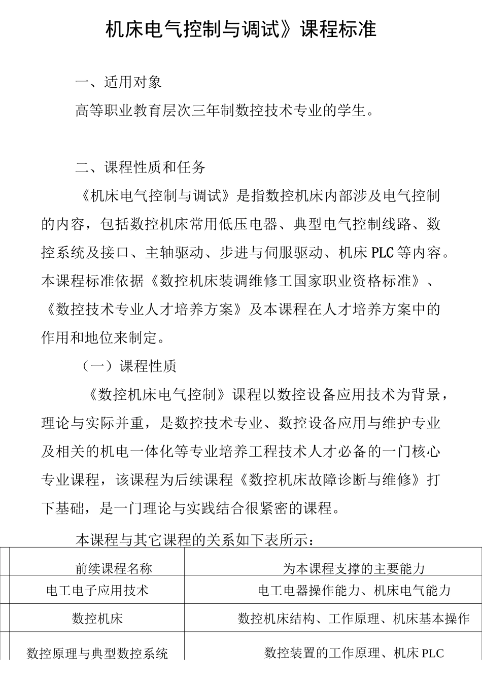 机床电气控制与调试课程标准_第1页