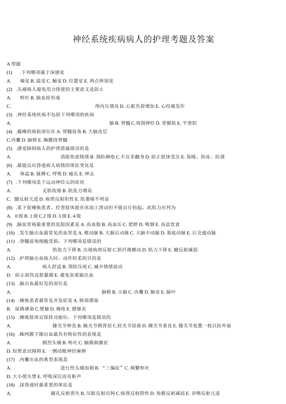 神经系统疾病病人的护理考题及答案_第1页