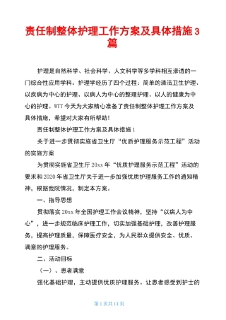 责任制整体护理工作方案及具体措施3篇