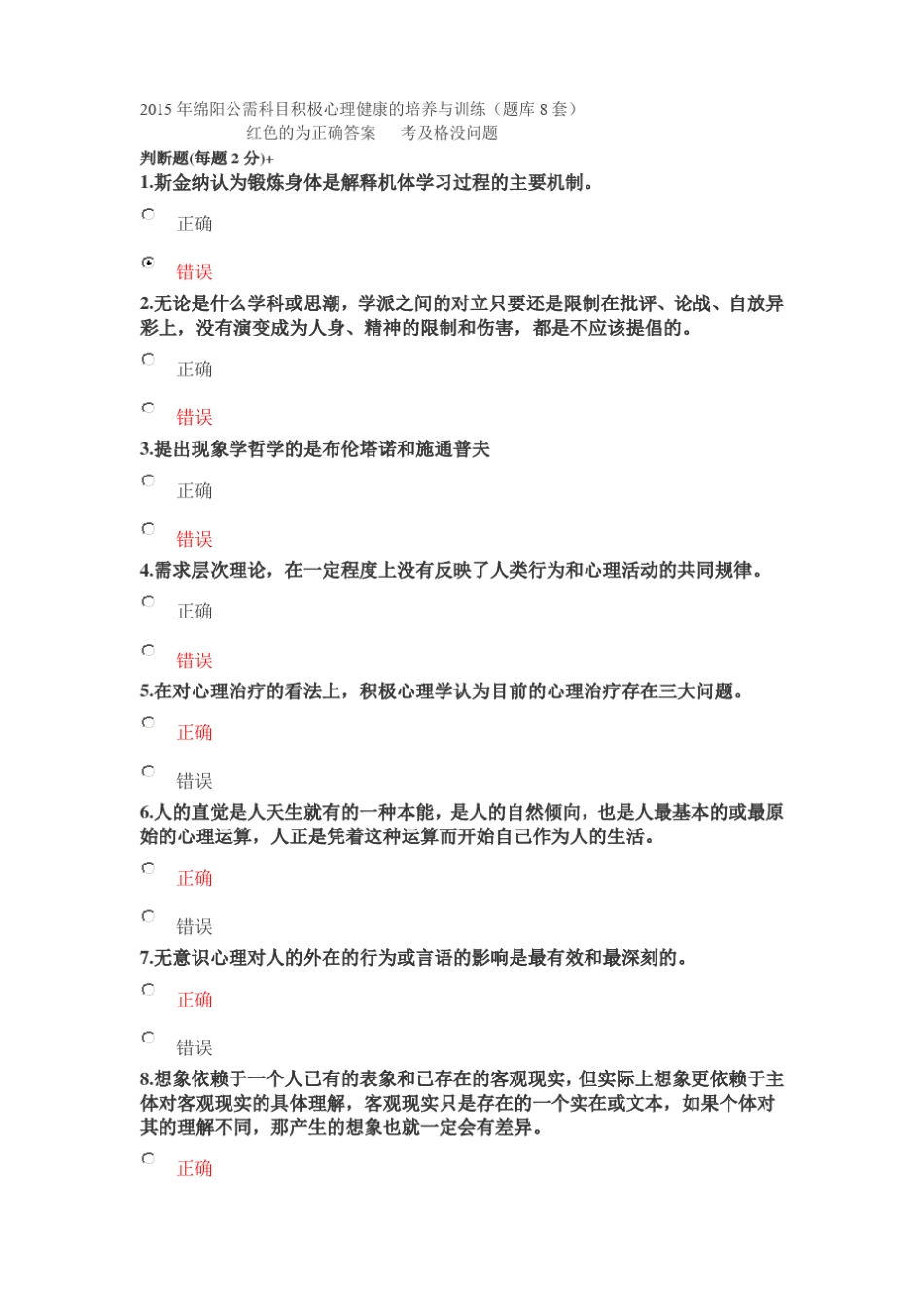 2015年公需绵阳专业技术人员积极心理健康的培养与训练_第1页