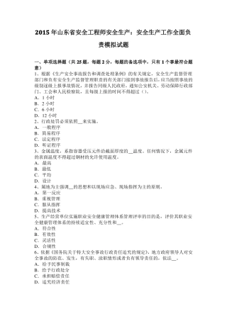 2015年山东安全工程师安全生产：安全生产工作全面负责模拟试题