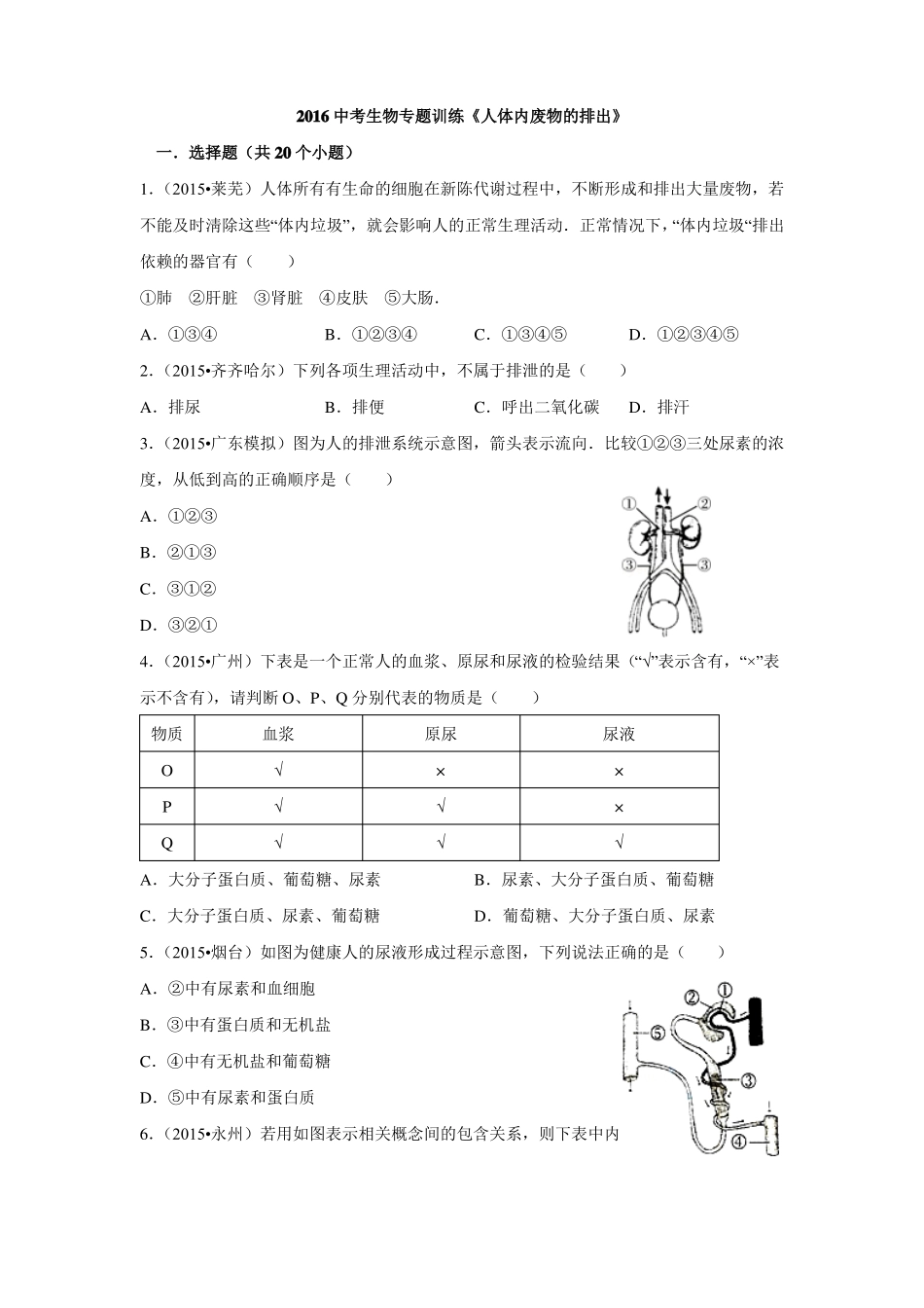 2016中考生物专题训练人体内废物的排出_第1页