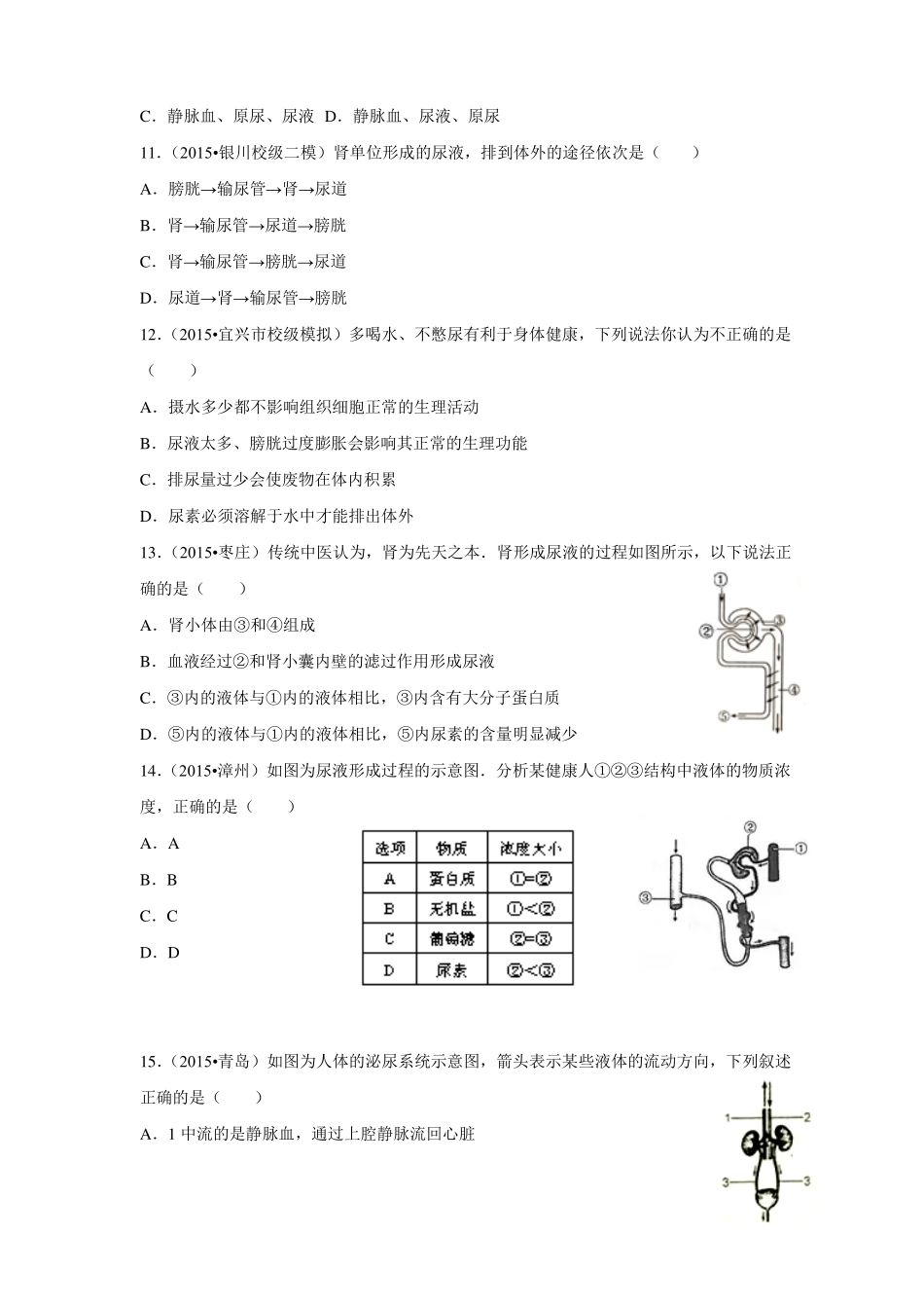 2016中考生物专题训练人体内废物的排出_第3页