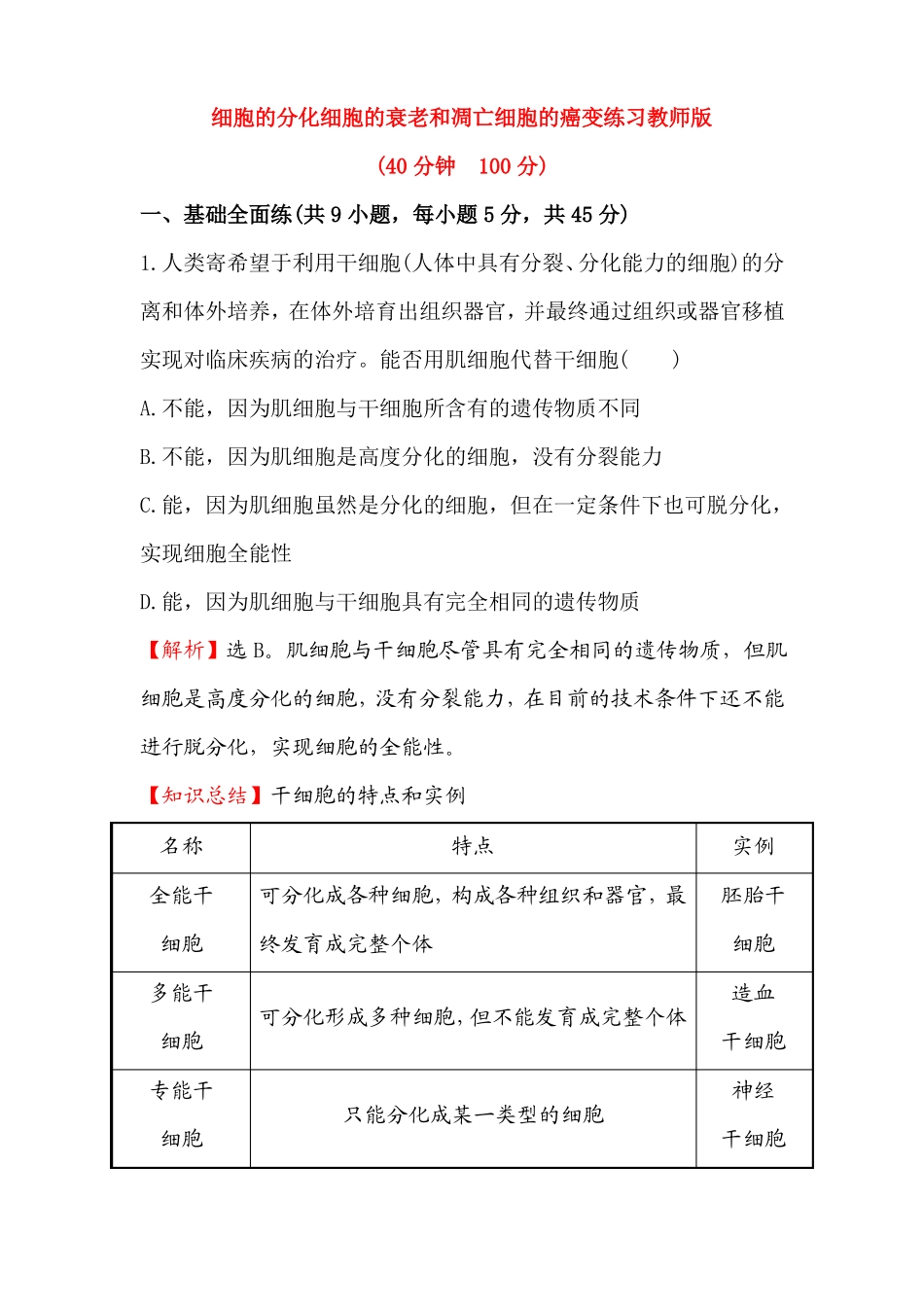 2016届高中生物第一轮复习练习4细胞的分化细胞的衰老和凋亡细胞的癌变练习_第1页