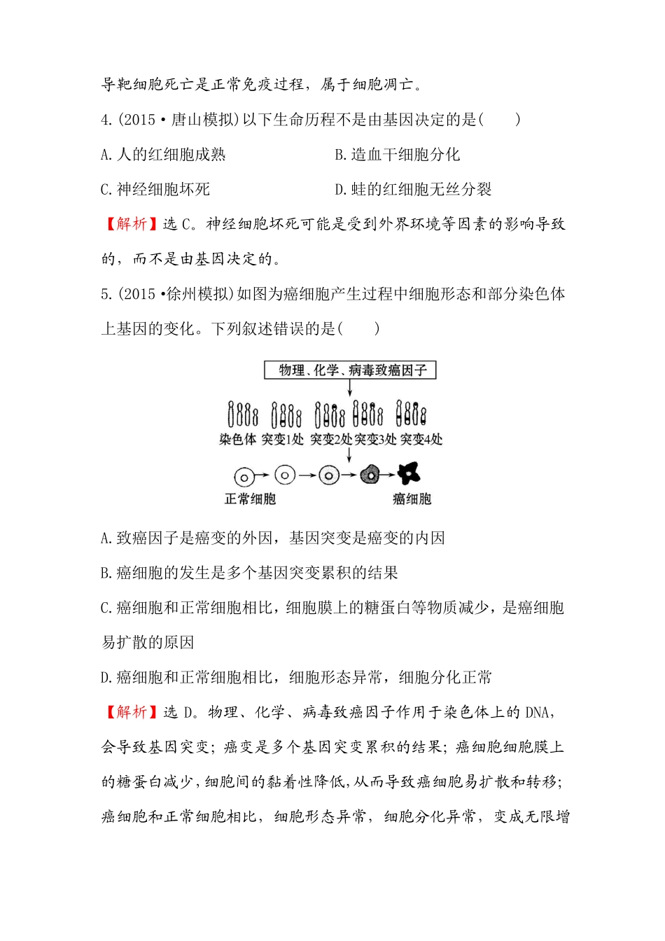 2016届高中生物第一轮复习练习4细胞的分化细胞的衰老和凋亡细胞的癌变练习_第3页