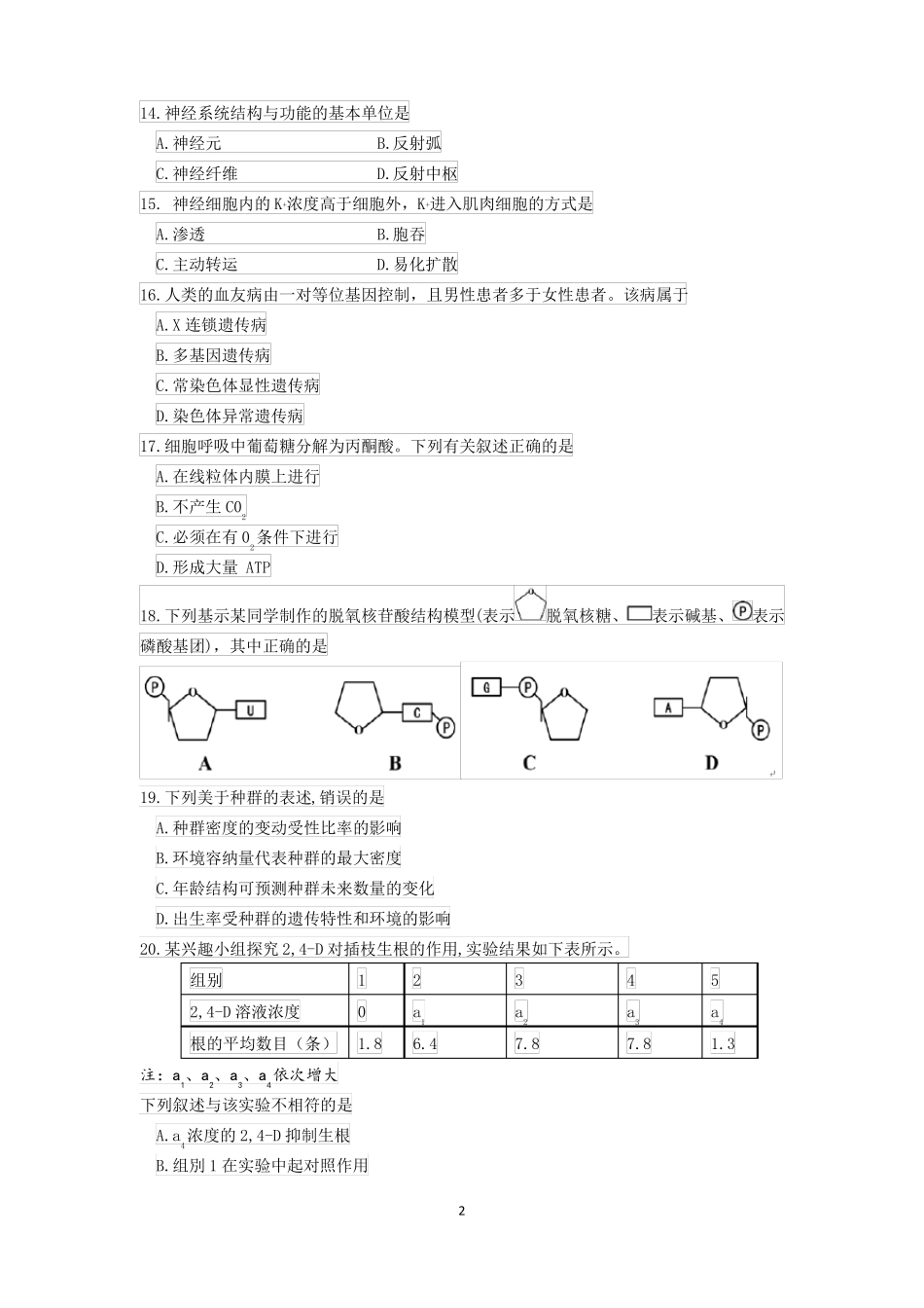 2016年4月浙江生物选考卷_第2页