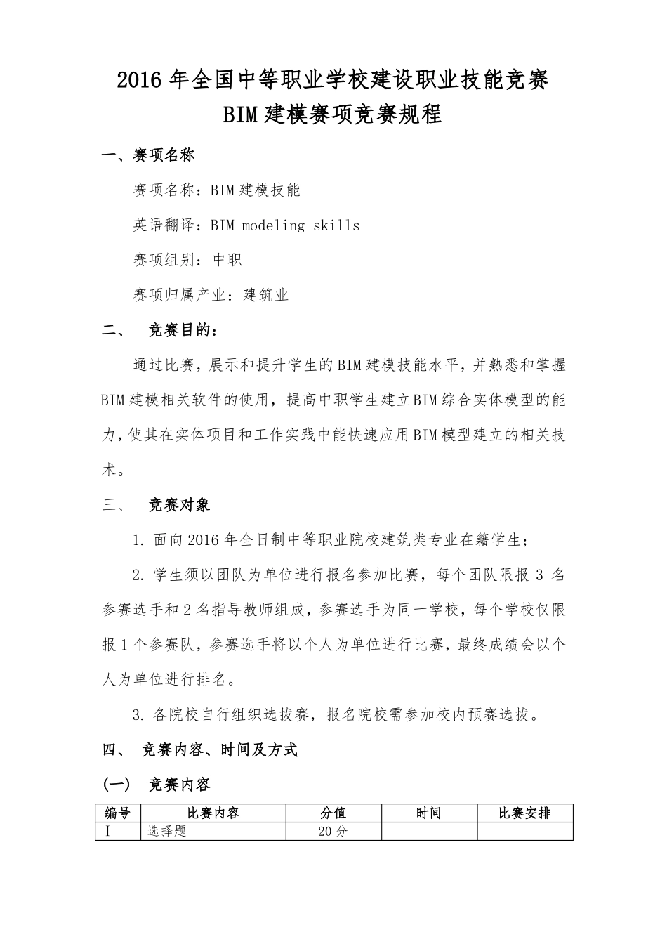 2016年全国中等职业学校建设职业技能竞赛BIM建模赛项竞赛规程_第1页