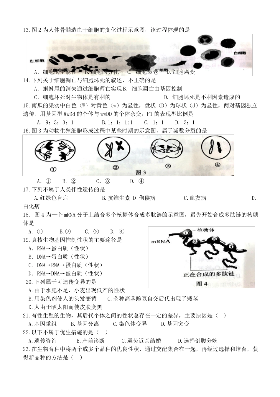 2016年普通高中学业水平考试生物试卷档-附答案_第2页