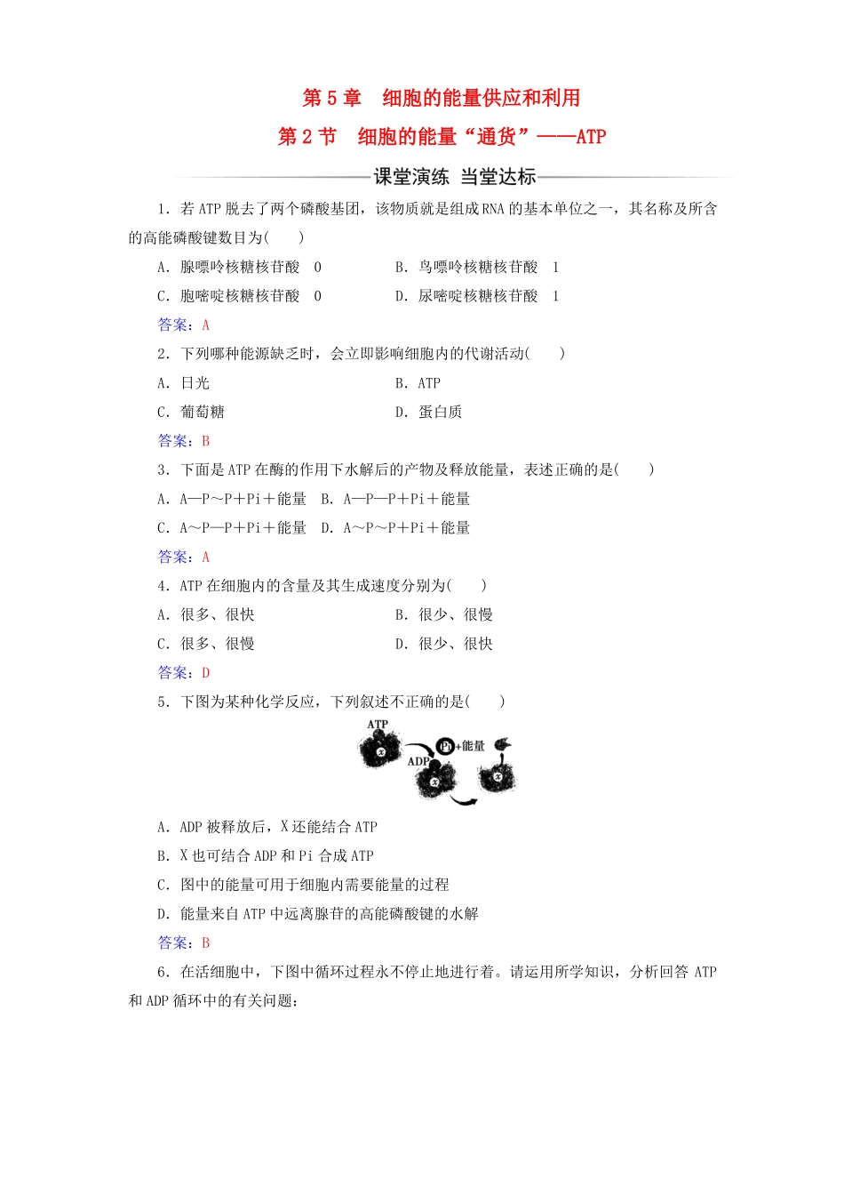 2017-2018年高中生物细胞的能量供应和利用第2节细胞的能量通货——ATP练习新人教版必修1课件_第1页