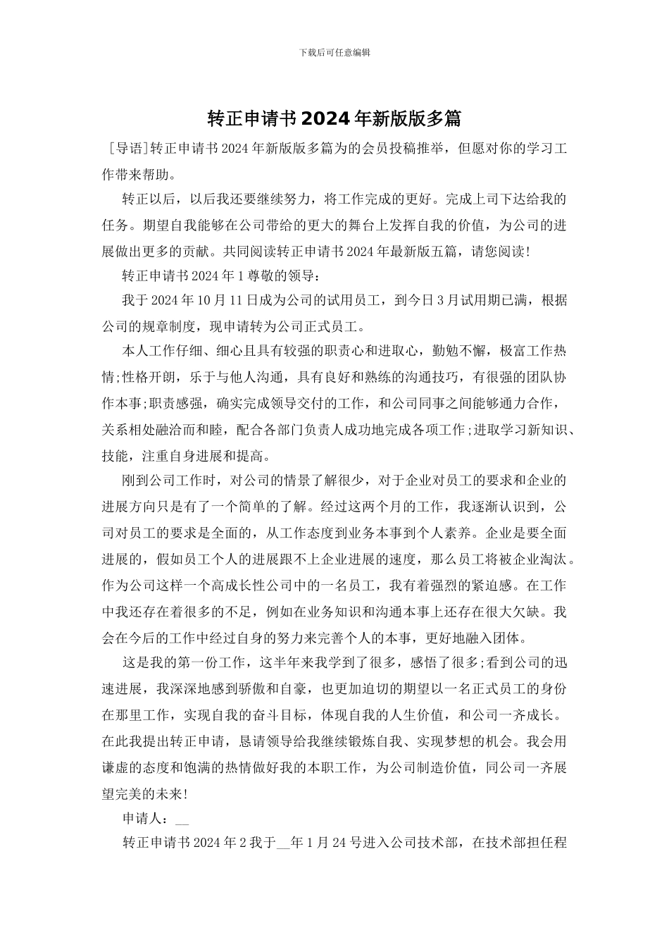 转正申请书2024年新版版多篇_第1页