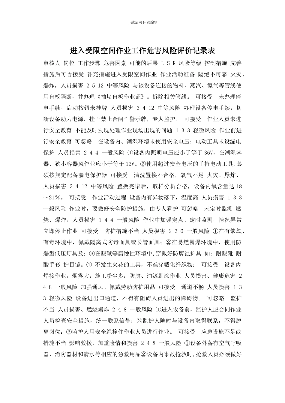 进入受限空间作业工作危害风险评价记录表_第1页