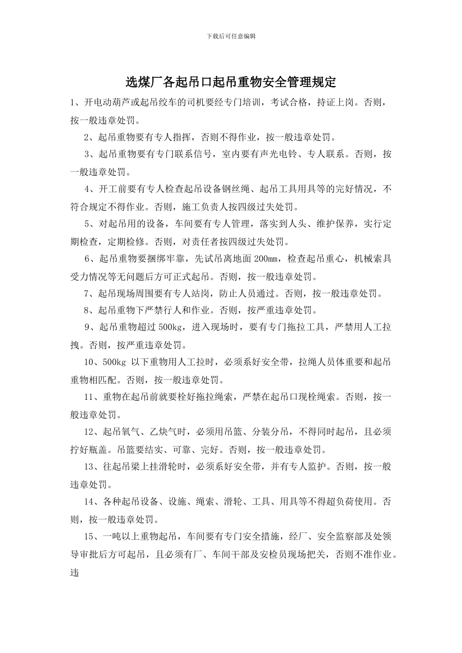 选煤厂各起吊口起吊重物安全管理规定_第1页