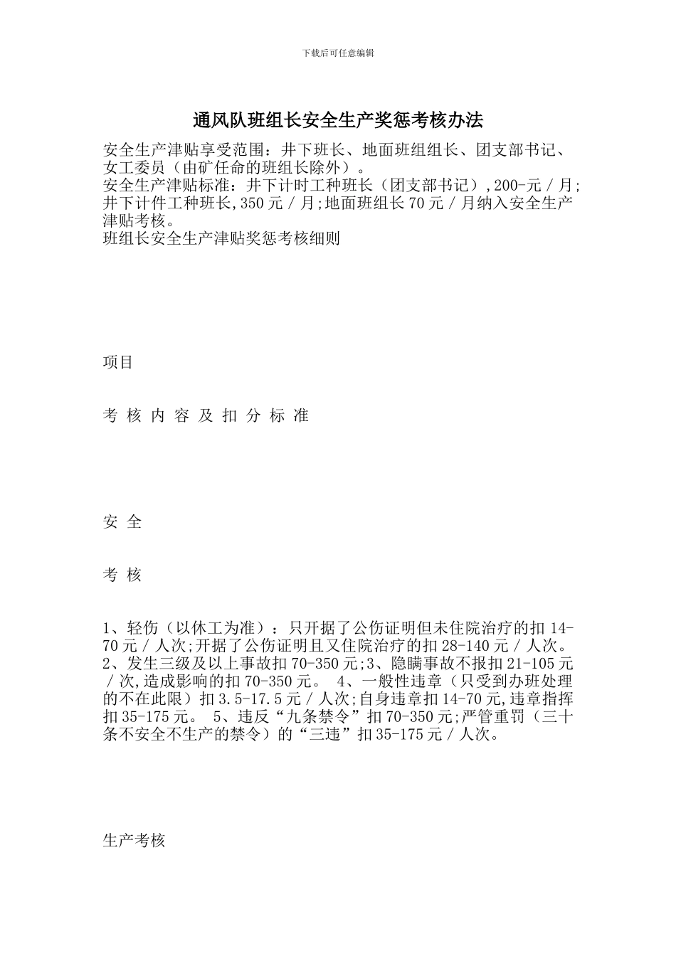 通风队班组长安全生产奖惩考核办法_第1页