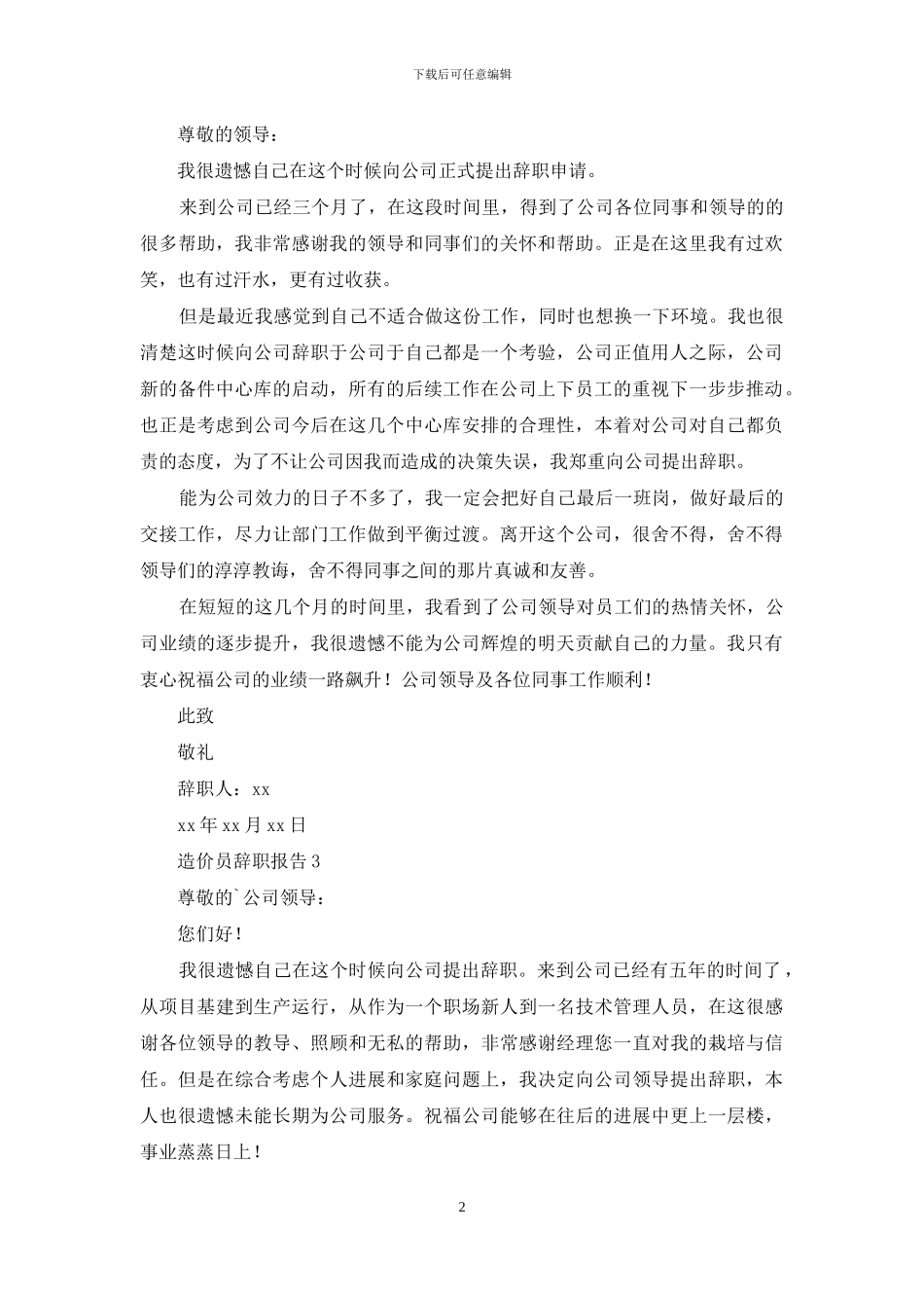 造价员辞职报告_第2页