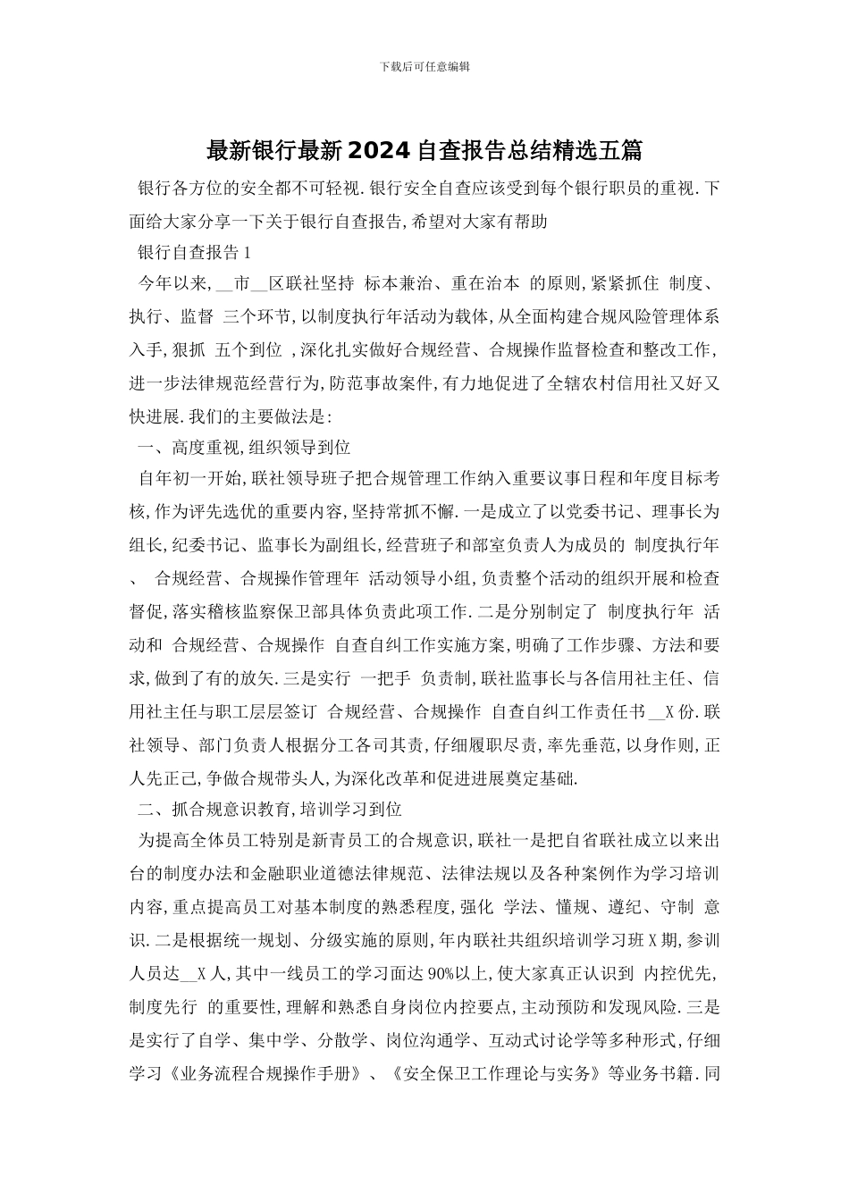 银行2024自查报告总结精选五篇_第1页