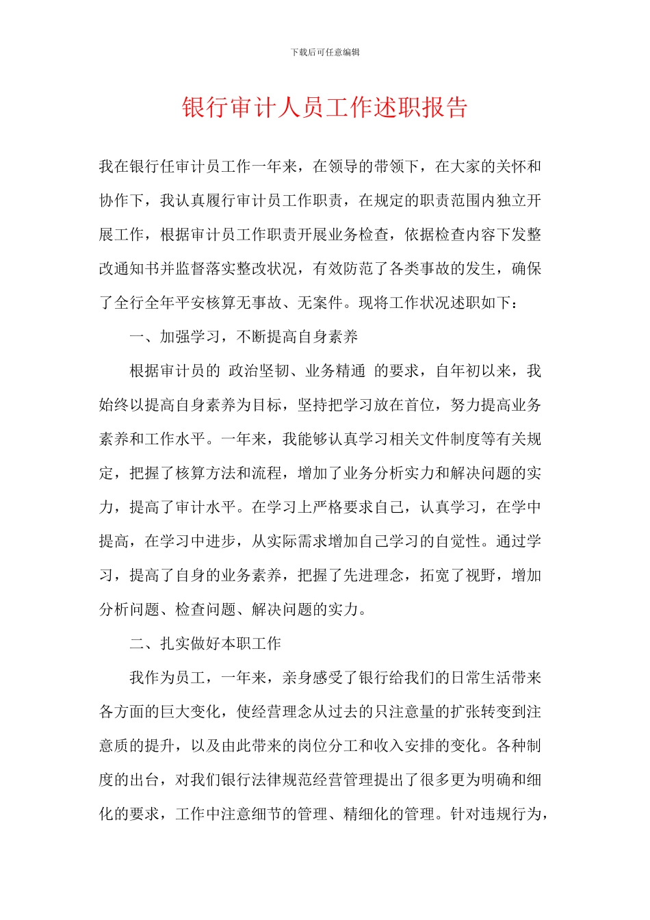 银行审计人员工作述职报告_第1页