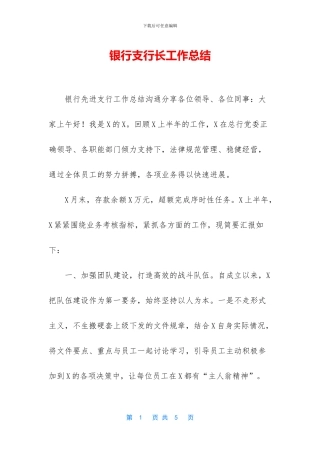 银行支行长工作总结
