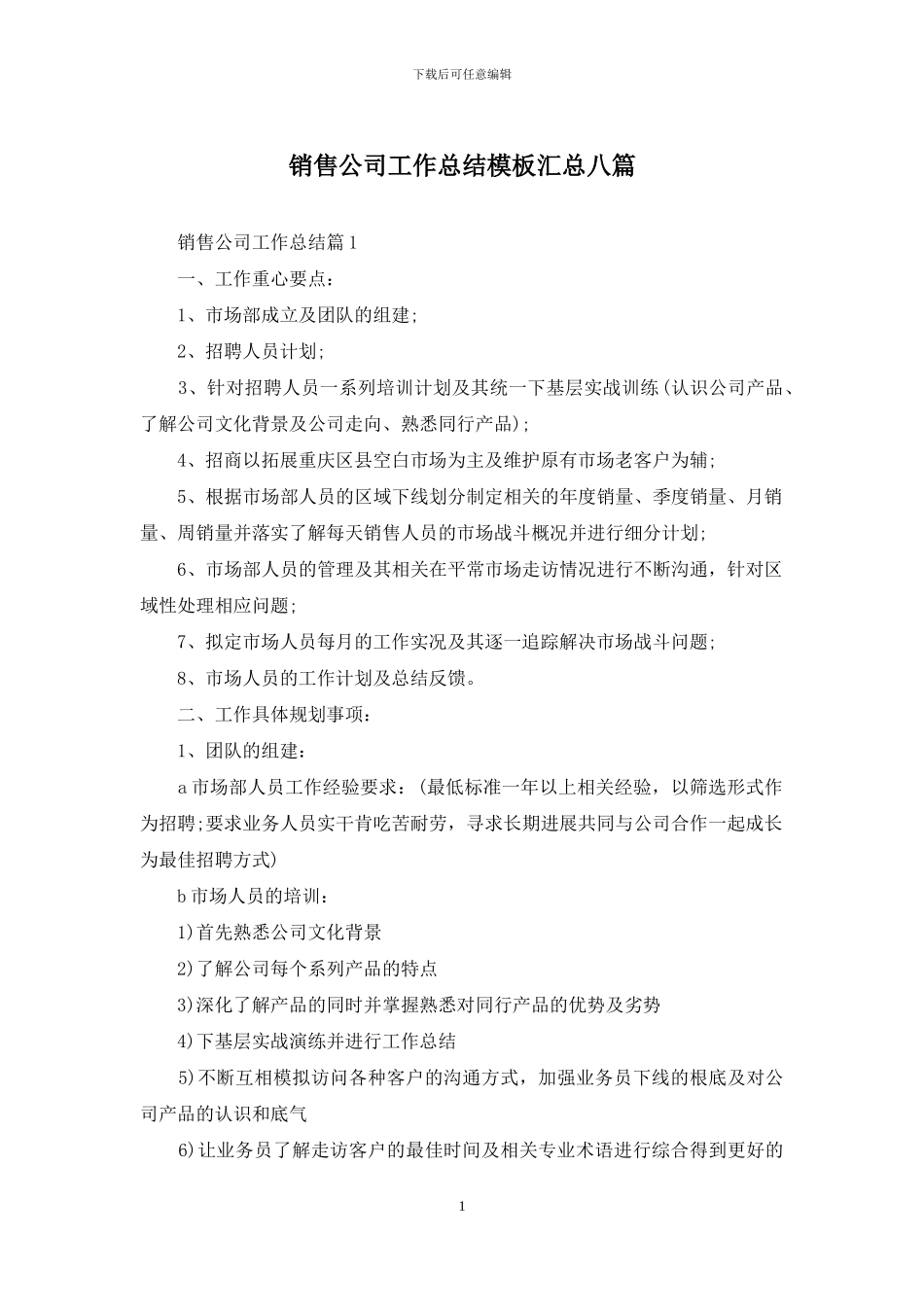销售公司工作总结模板汇总八篇_第1页