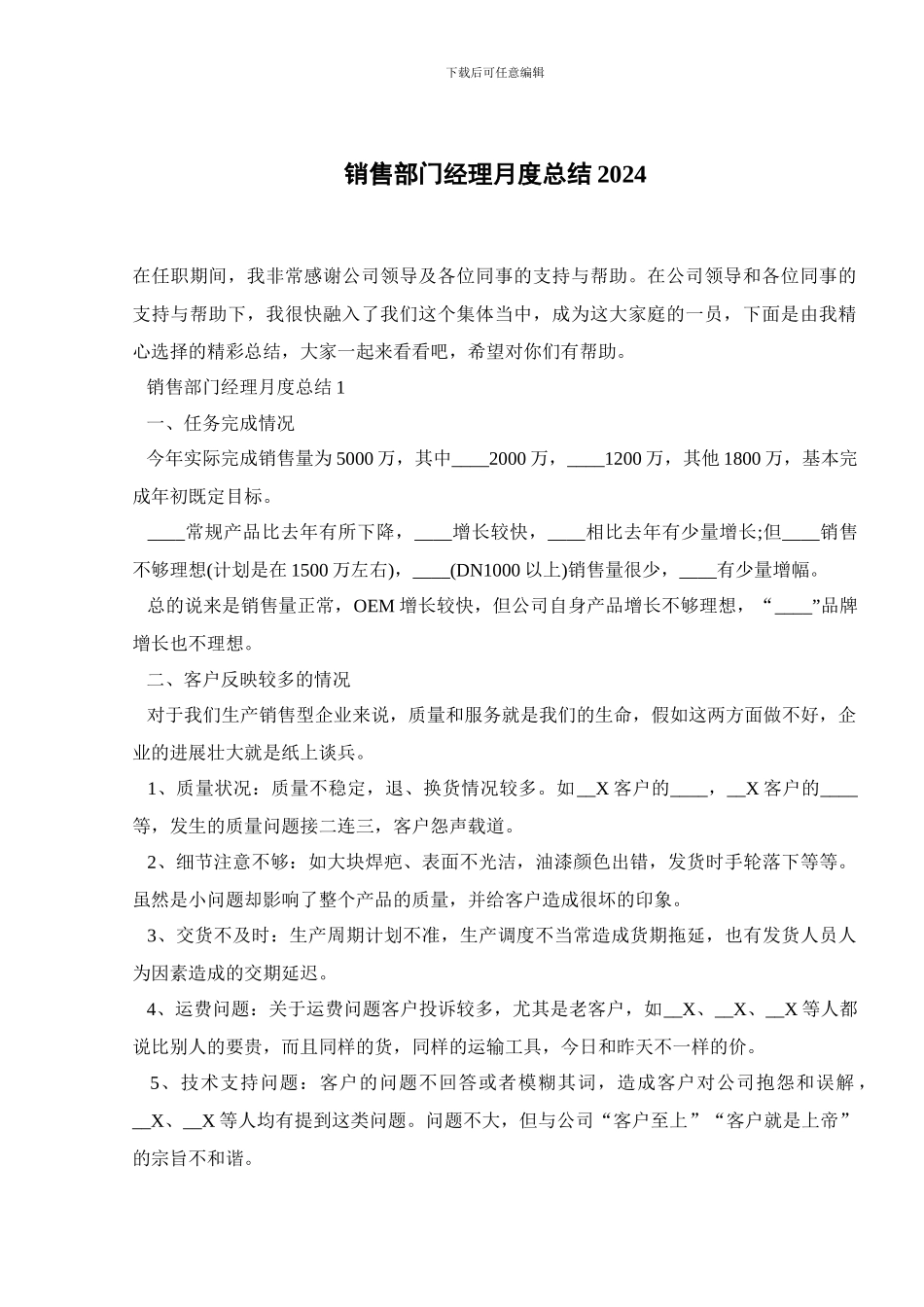 销售部门经理月度总结2024_第1页