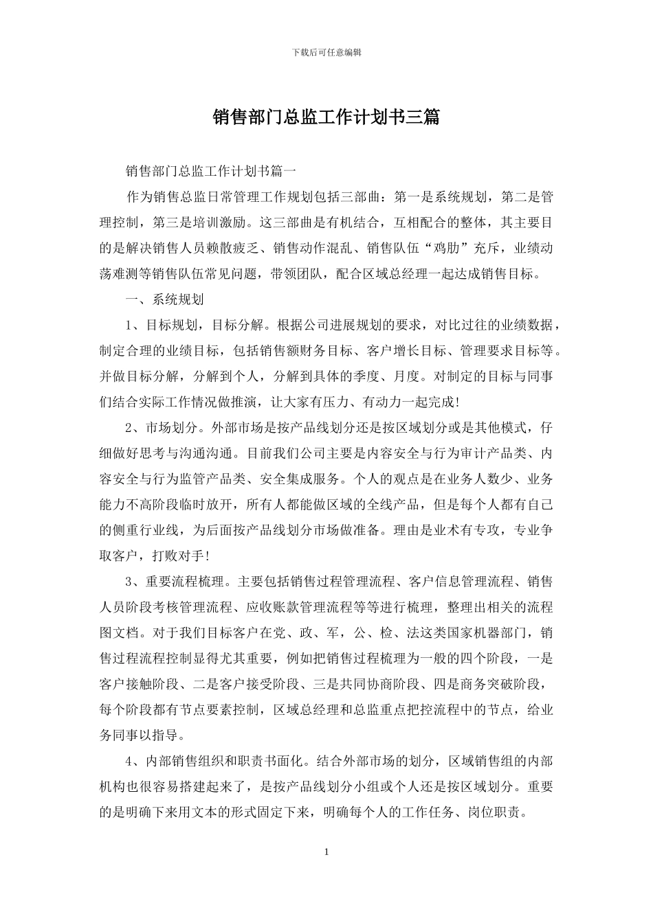 销售部门总监工作计划书三篇_第1页