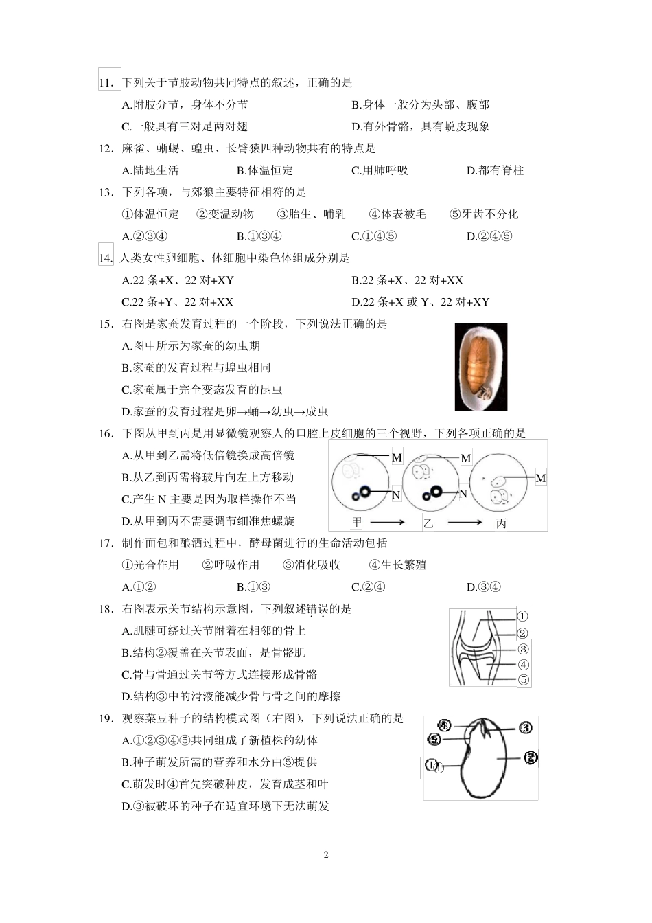 2017年厦门初中总复习教学质量检测生物试题_第2页