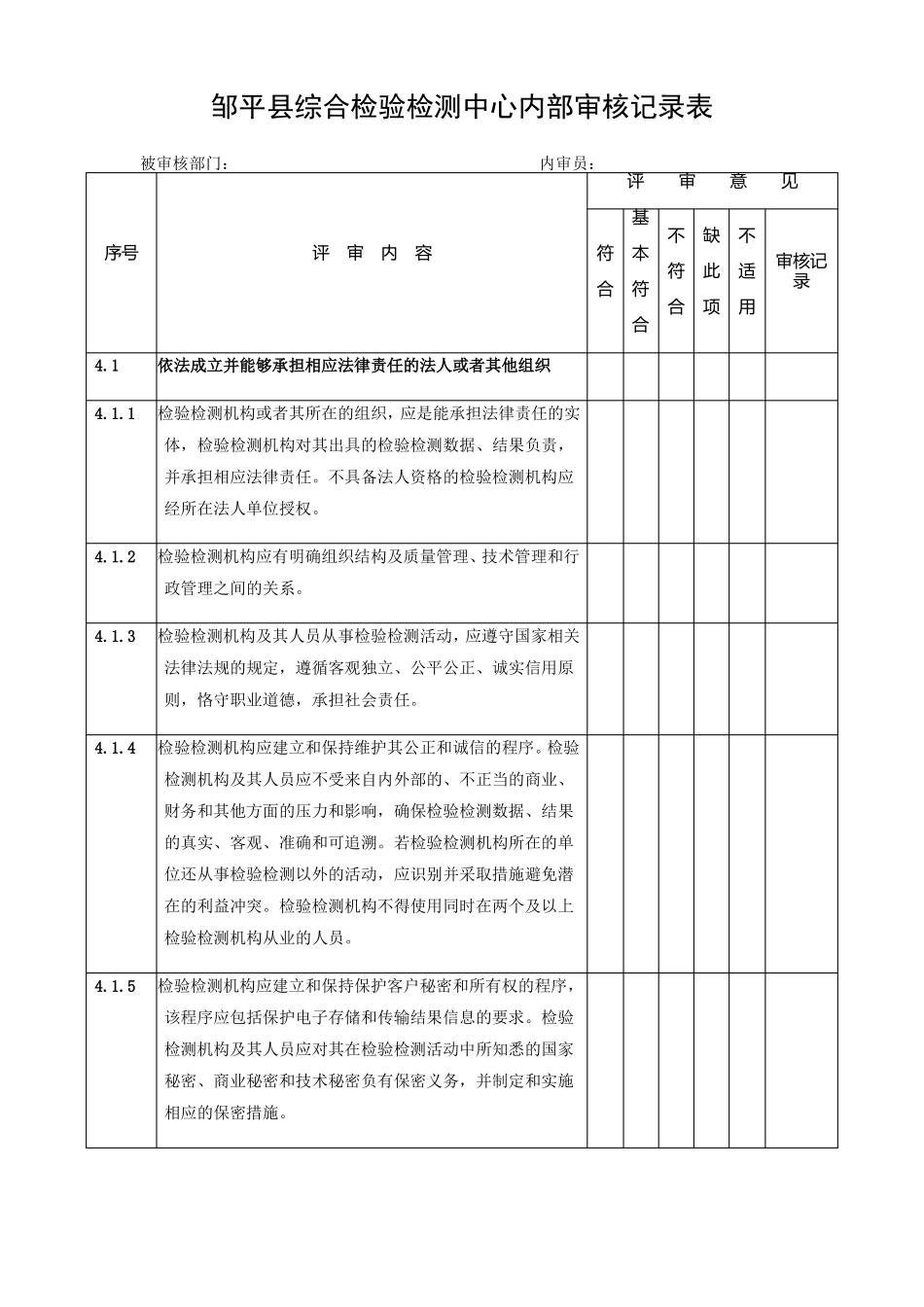 2017年检验检测机构内部审查记录表_第1页