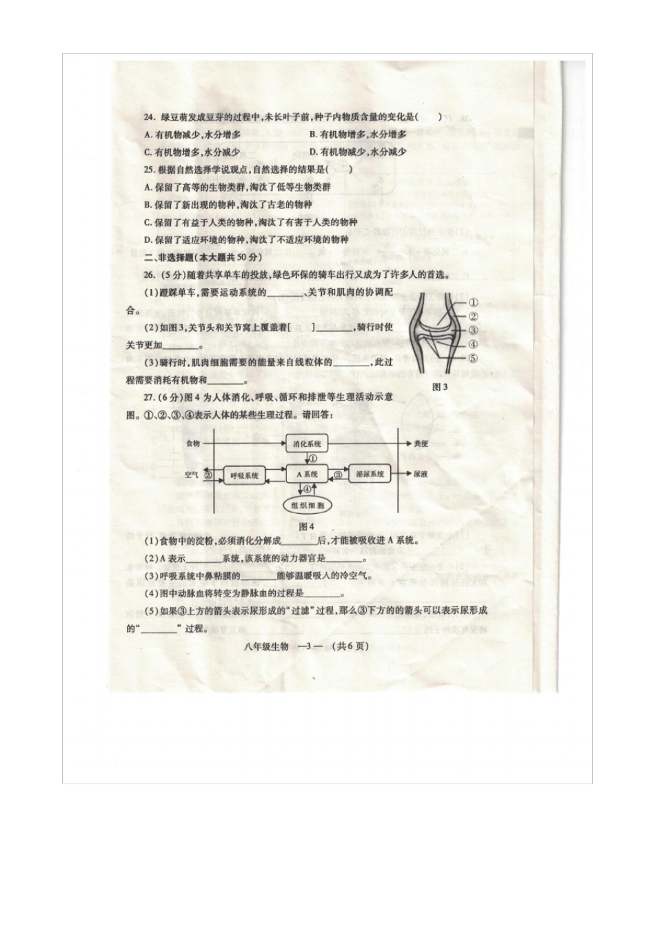2017年福州八年级质量检测生物试卷_第3页