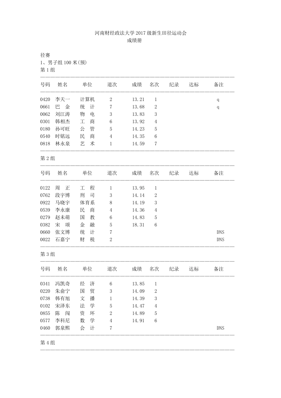 2017新生运动会成绩册_第1页