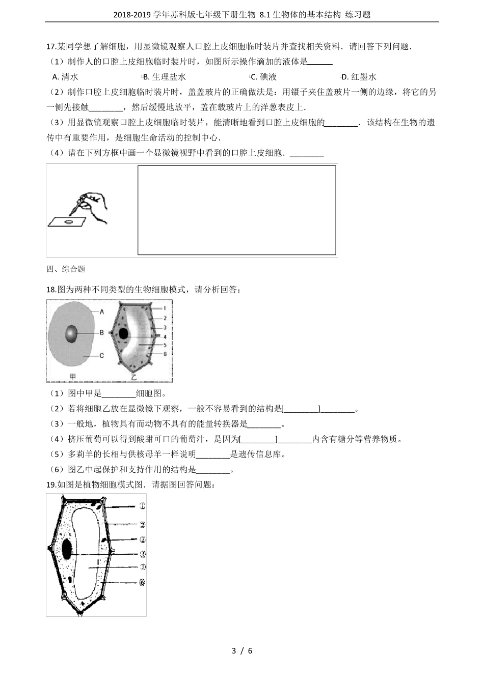 2018-2019学年苏科版七年级下册生物81生物体的基本结构练习题_第3页