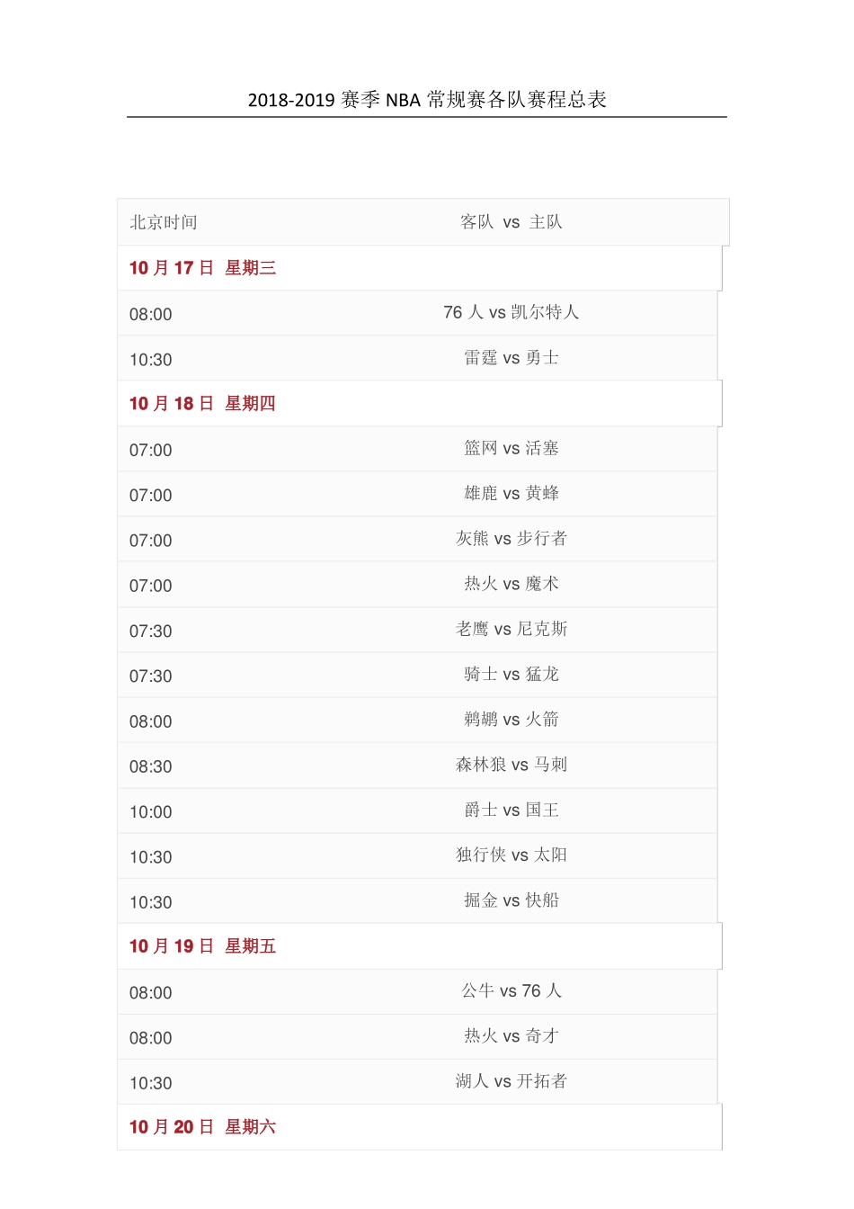 2018-2019赛季NBA赛程总表_第1页