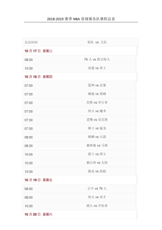 2018-2019赛季NBA赛程总表