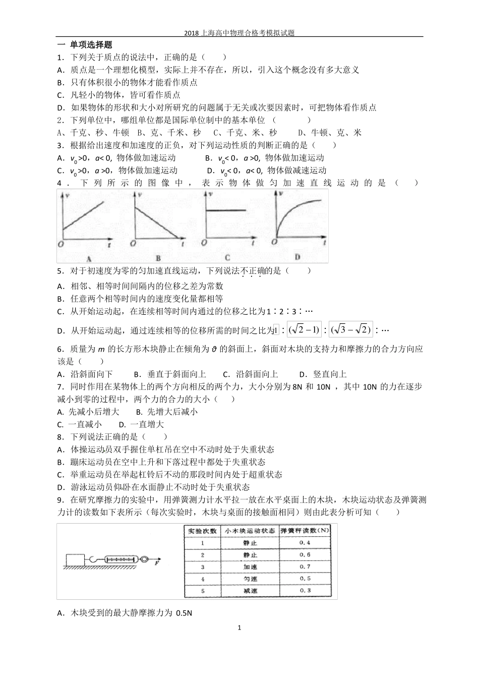 2018上海高中物理合格考模拟试题_第1页