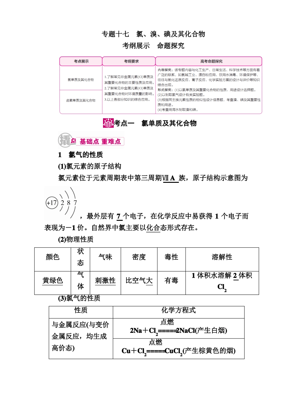 2018届高考化学课时基础知识点复习教学案21专题十七氯、溴、碘及其化合物考点一氯单质及其化合物_第1页