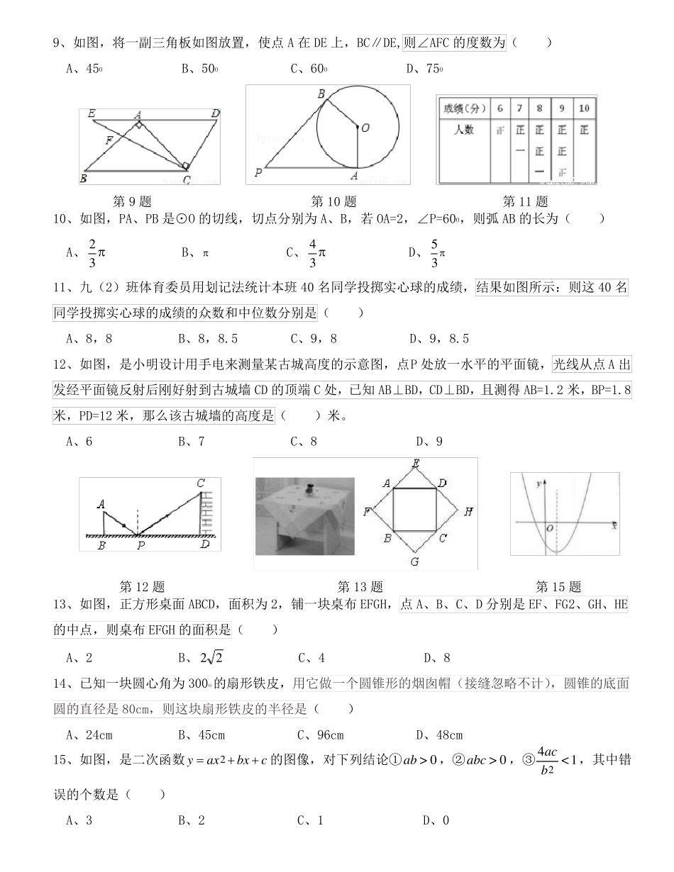 2018年春季学期宜昌金东方初中九年级数学5月单元测试_第2页