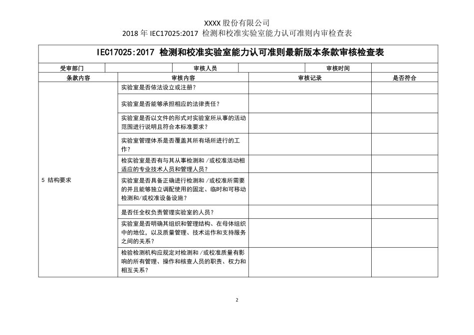 2018年最新IEC170252017检测和校准试验室能力认可准则内部审核检查表_第2页