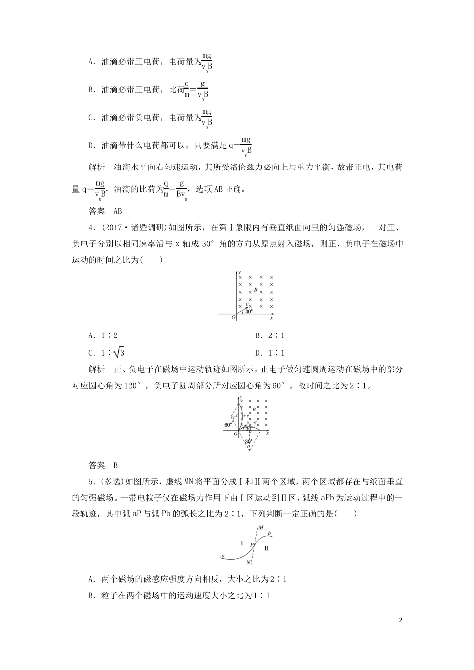 2018年高考物理总复习配餐作业26磁场对运动电荷的作用课件_第2页
